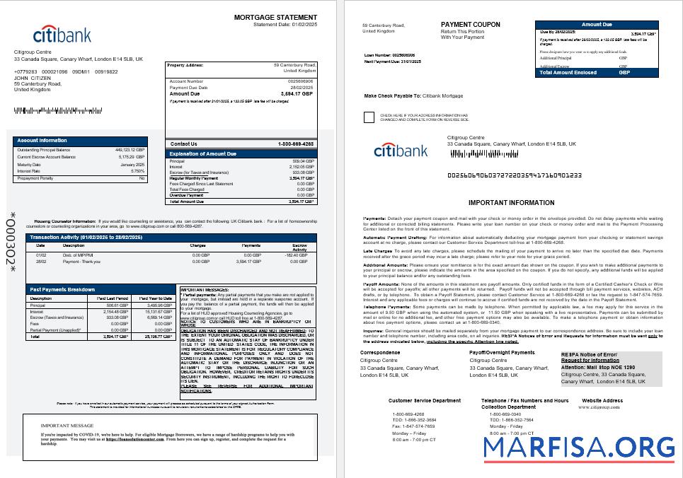 Downloadable United Kingdom Citibank bank mortgage statement in Word and PDF formats 1 2 example